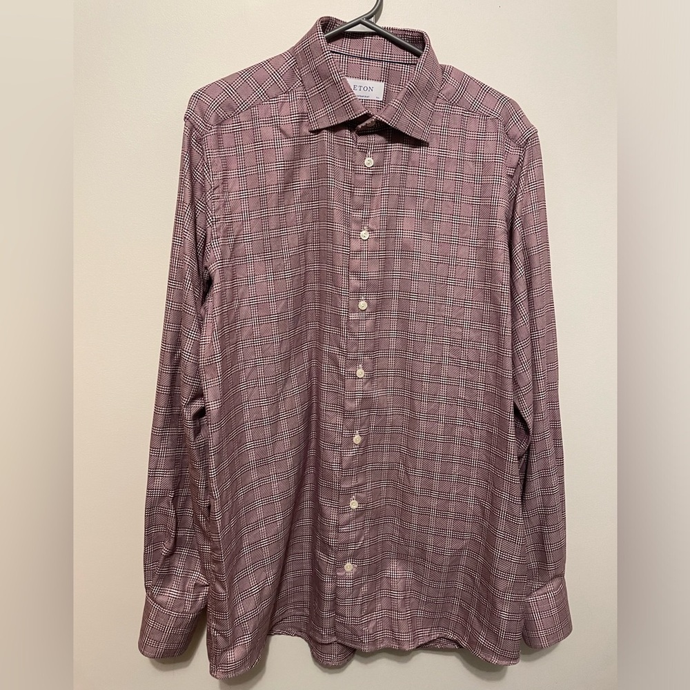 ETON- Dress Shirt Size 16.5 /42 Contemporary In Red & White Plaid Cotton